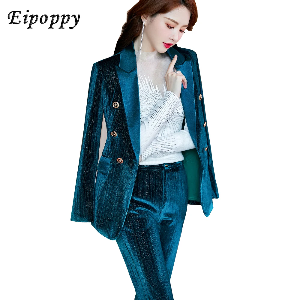 

New Arrival Winter Warm Women Fashion Pant Suit 2 Piece Set Green Blue Wine Formal Blazer Coat Tops and Trousers