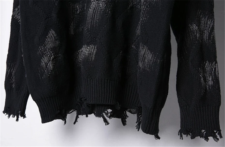 Mens Knitted Sweater Streetwear Hip Hop Punk Ripped Hole Pullover Men Oversized Harajuku Vintage Argyle Casual Sweaters Male