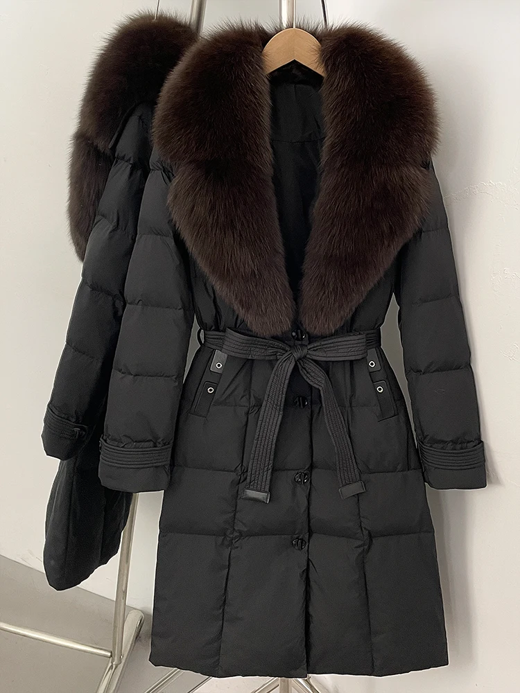 2025 New Winter Female Real Fox Fur Long Clothes Women Luxury Fashion Puffer Jacket Belt Thickened Warm Natural Fur Duck Down