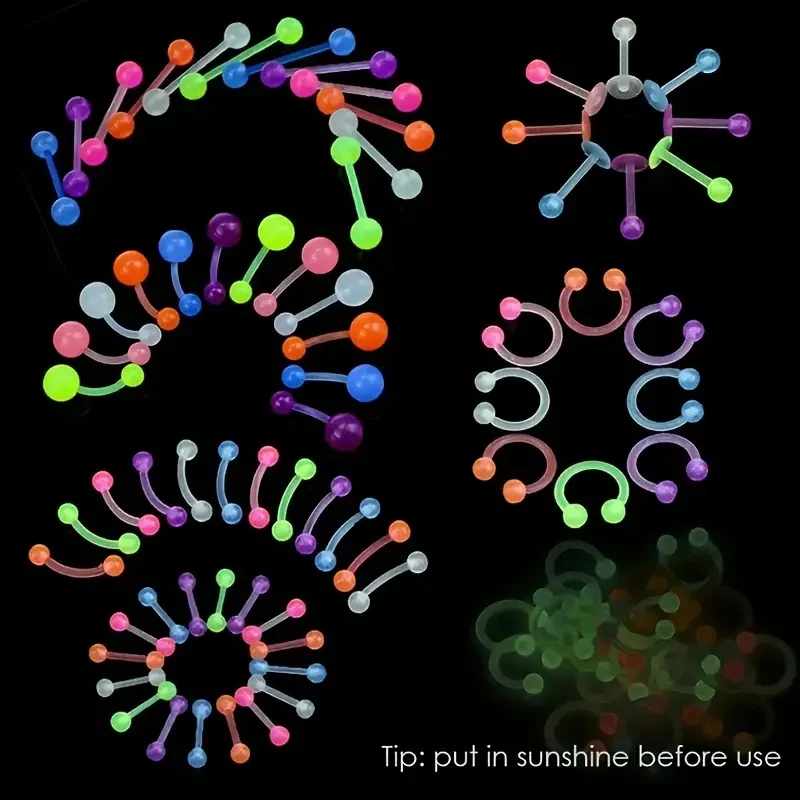 10/60pcs Flexible Glow In The Dark Acrylic Barbell Piercing Jewelry for Tongue Belly Lip Eyebrow & Nose Random Color for Daily