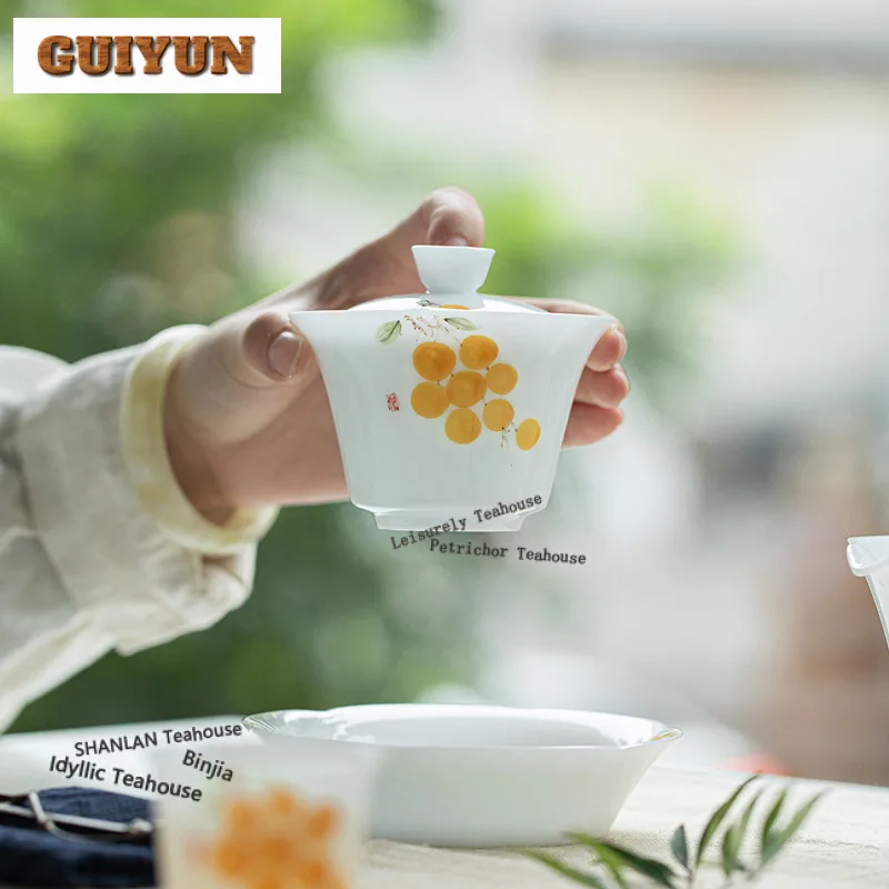 150ml Hand-painted Loquat Gaiwan Luxury Heat Insulation Tea Tureen Tea Bowl with Lid Kit Tea Maker Cover Bowl Cafes Decoration