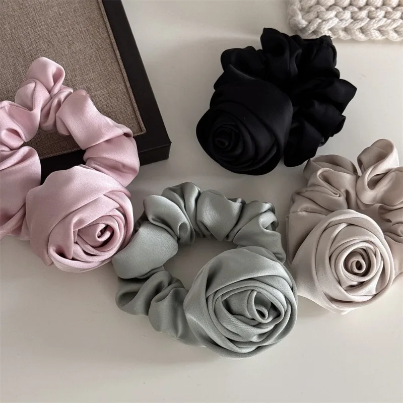 Women Ribbon Rose Flower Elastic HairBand For Women Girls Hair Rope Ties Flower Hair Scrunchie Ponytail Holder Hair Accessories