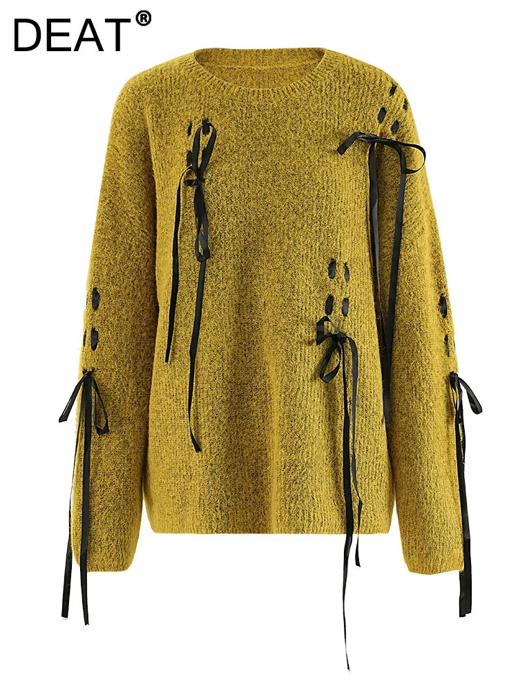 

DEAT Fashion Women's Drawstring Sweater Round Neck Loose Fit Yellow Long Sleeve Soft Knitted Pullovers Autumn 2024 New CPG1867