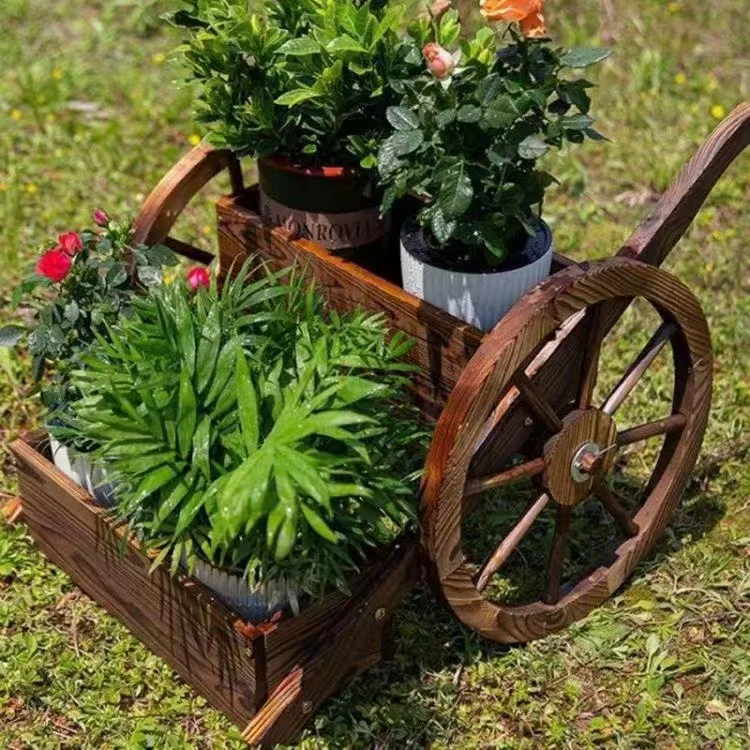 Wooden Wagon Garden Decor Rustic Flower Pot Planters Indoor Outdoor for Backyard Balcony Outside Wheelbarrow Planter for Patio