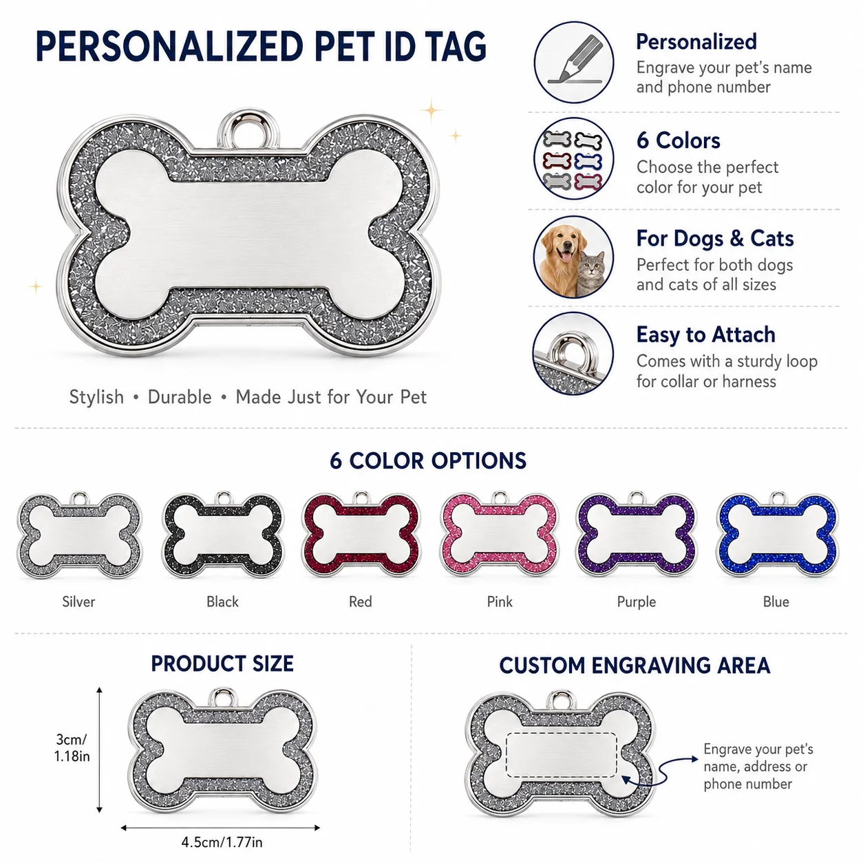 Custom Glitter Bone Pet ID Tag, Personalized Engraved Dog Cat Nameplate, Collar Hanging Pendant for Safety Custom Name Dog Tag view 6