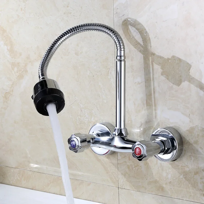 Nozzle Faucet Bathroom Faucets Kitchen Faucet Sink WashBasin Wall Mounted Hot and Cold Tap Household Double Hole Balcony Tap