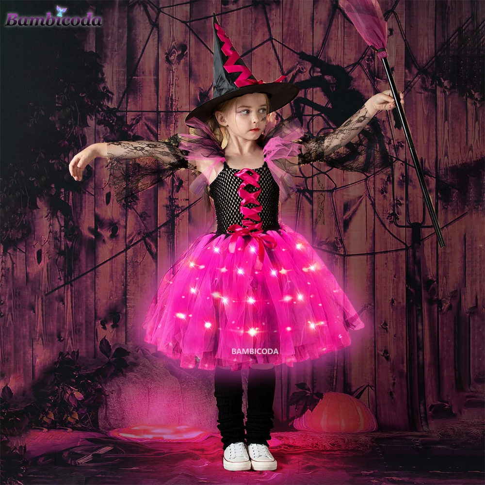 Vestido de bruja de Halloween para niñas, vestido de princesa con luz LED para fiesta, disfraz de calabaza para niños pequeños, Vestidos de Noche de Carnaval