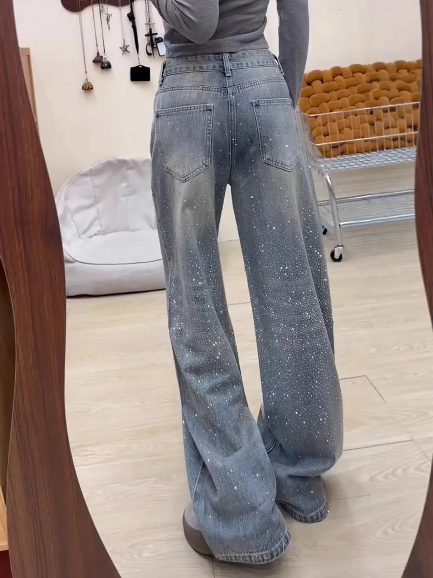 

Slimming Glitter Denim Jeans High Waist Straight Leg Wide Leg Pants American Style Women's Summer plus Size Jeans