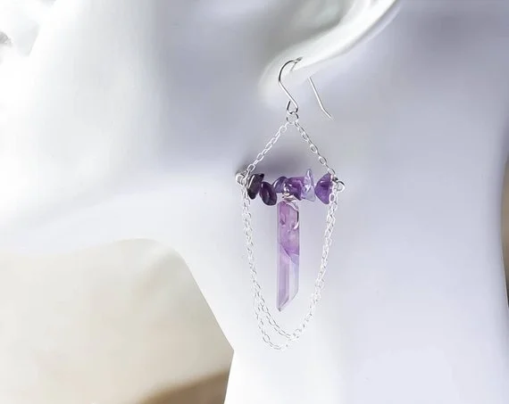 Purple Aura Quartz crystal with natural Amethyst earrings | Sterling silver raw Amethyst gemstone earrings | Lilac chandelier