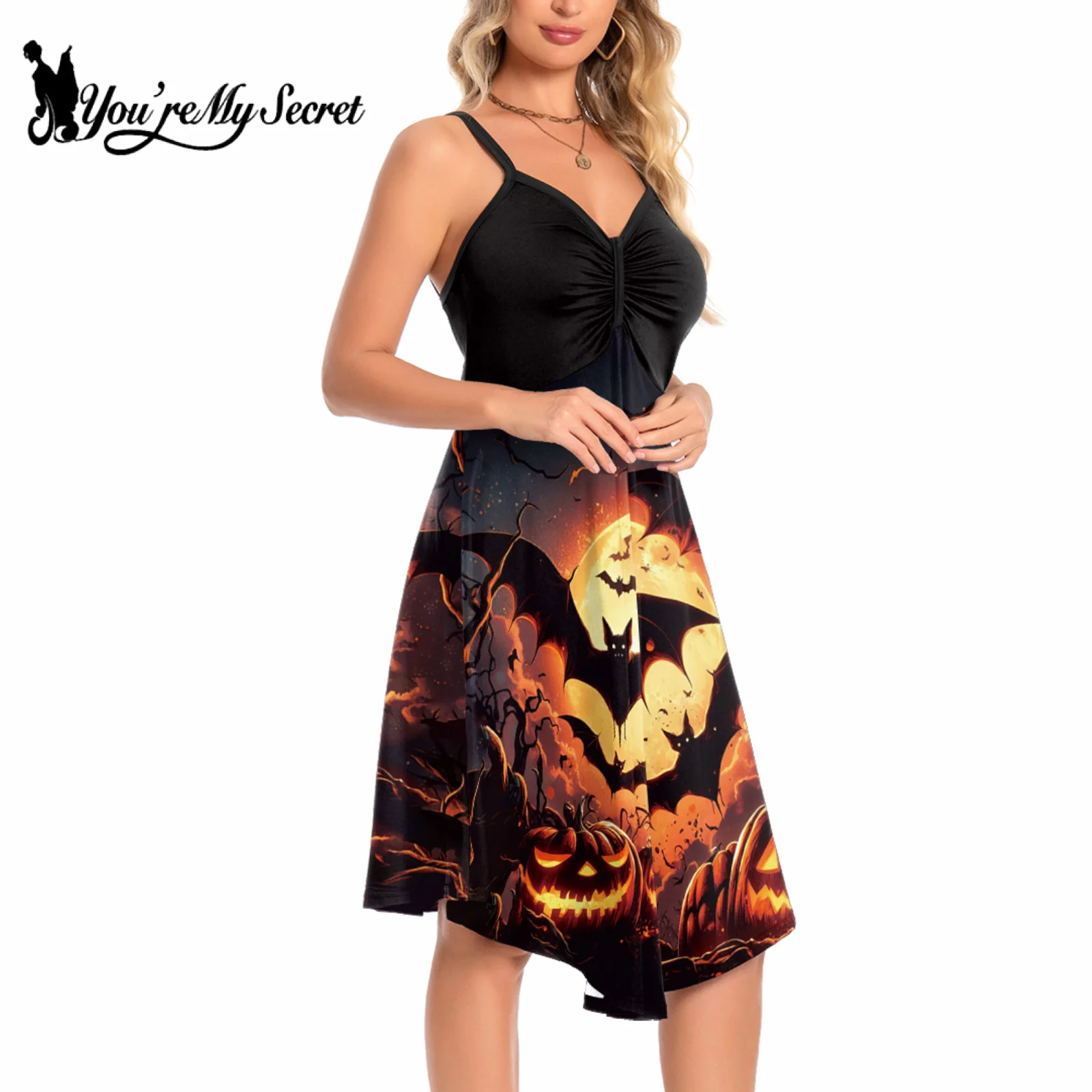 [You're My Secret] Women's Backless V Neck Midi Camisole Dress Halloween Pumpkin printed Performance Fancy Party Dresses