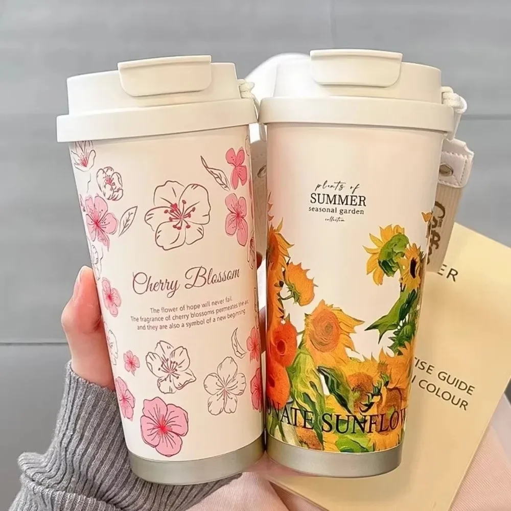 Portable 500ml Insulated Mug Large Capacity Stainless Steel Coffee Cup Reausable With Lanyard Thermal Cup Travel