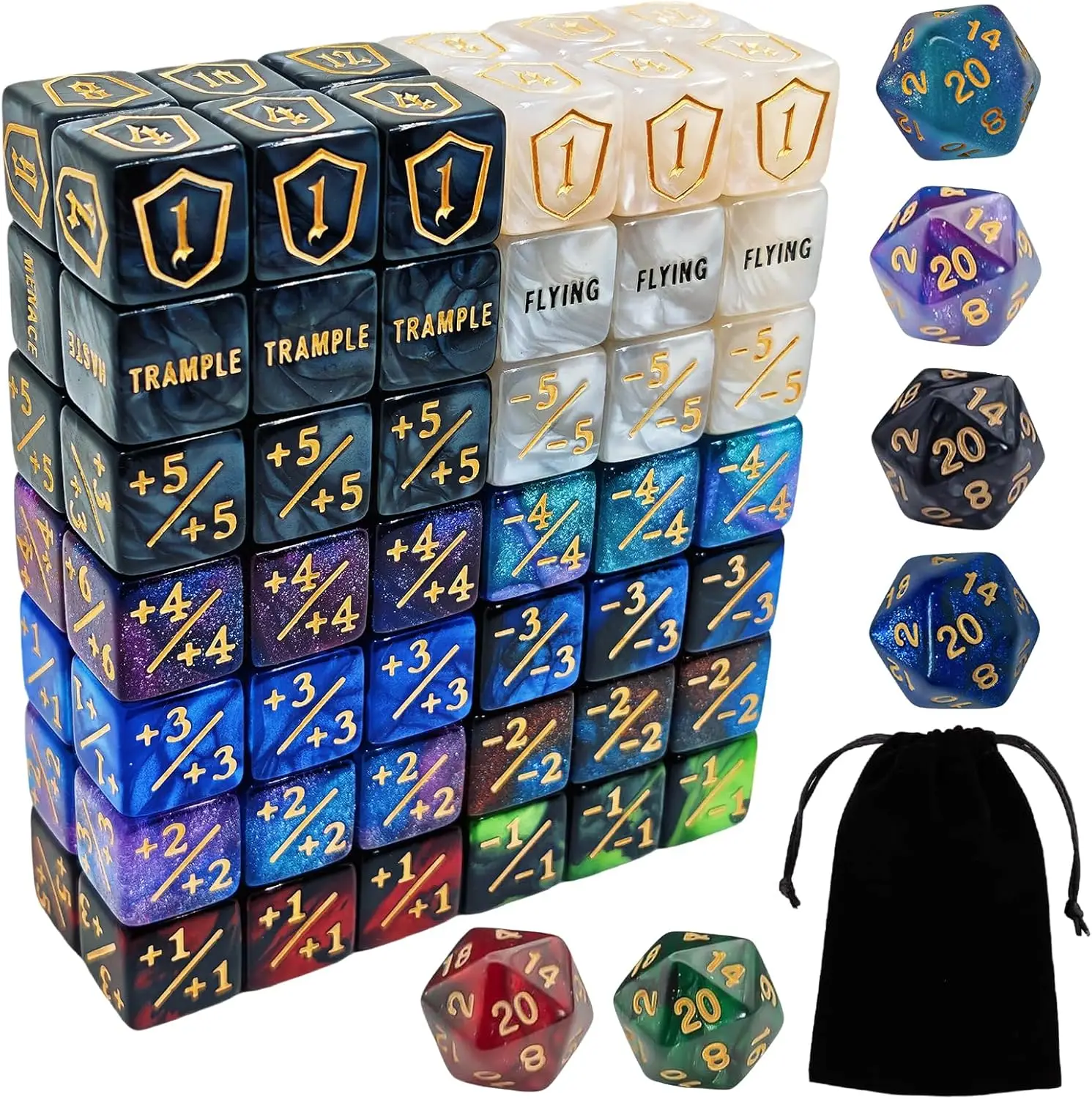 

Набор из 90 счетчиков для карточных игр - включает счетчики способностей, здоровья и характеристик с черным мешочком для хранения