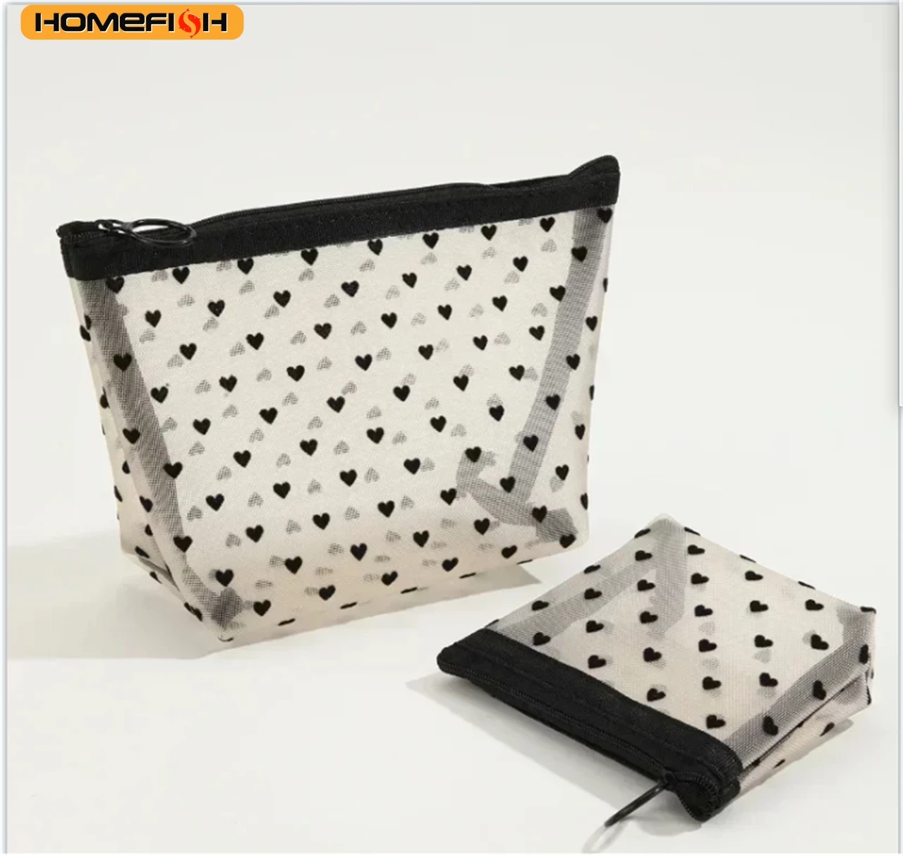 HOMEFISH Heart Pattern Transparent Mesh Cosmetic Bag, Portable Multifunctional Toiletry Pouch for Women Lipstick Storage