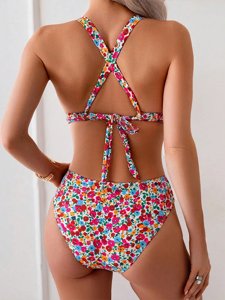 Sexy Print V Neck Bikini 2 Pieces Set for Women Split Swimsuit Backless Beach Bikini 2026 New Summer Swimwear Bikinis Set