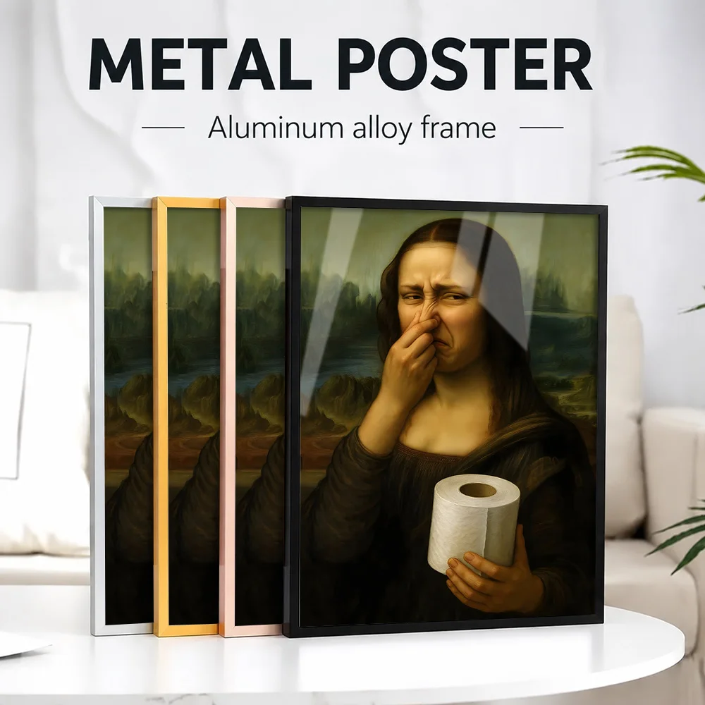 Mona Lisa Holding Toilet Paper Framed Metal Print Customized Photo Playful Minimalist Style Wall Art For Bathroom Novelty Gift
