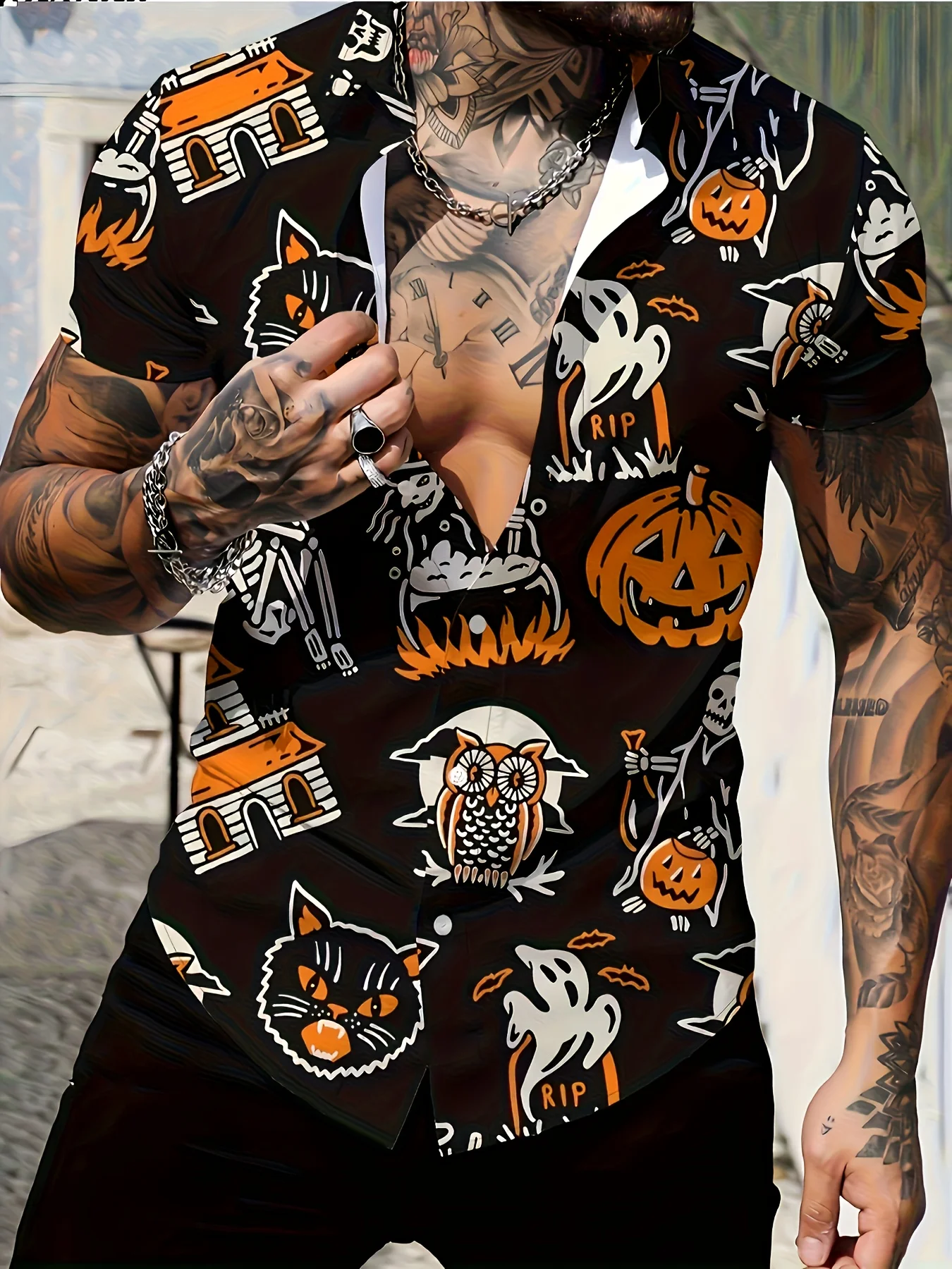 Men's Halloween Pumpkin Skeleton Ghost Black Cat Print Short Sleeve Camp Collar Shirt Horror Party Casual Top