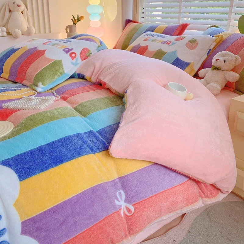 Rainbow Theme Plush Duvet Cover Fluffy Soft Boys Girls Luxury Queen Quilt Cover Winter Warm Letter Print Bedding No Pillowcase