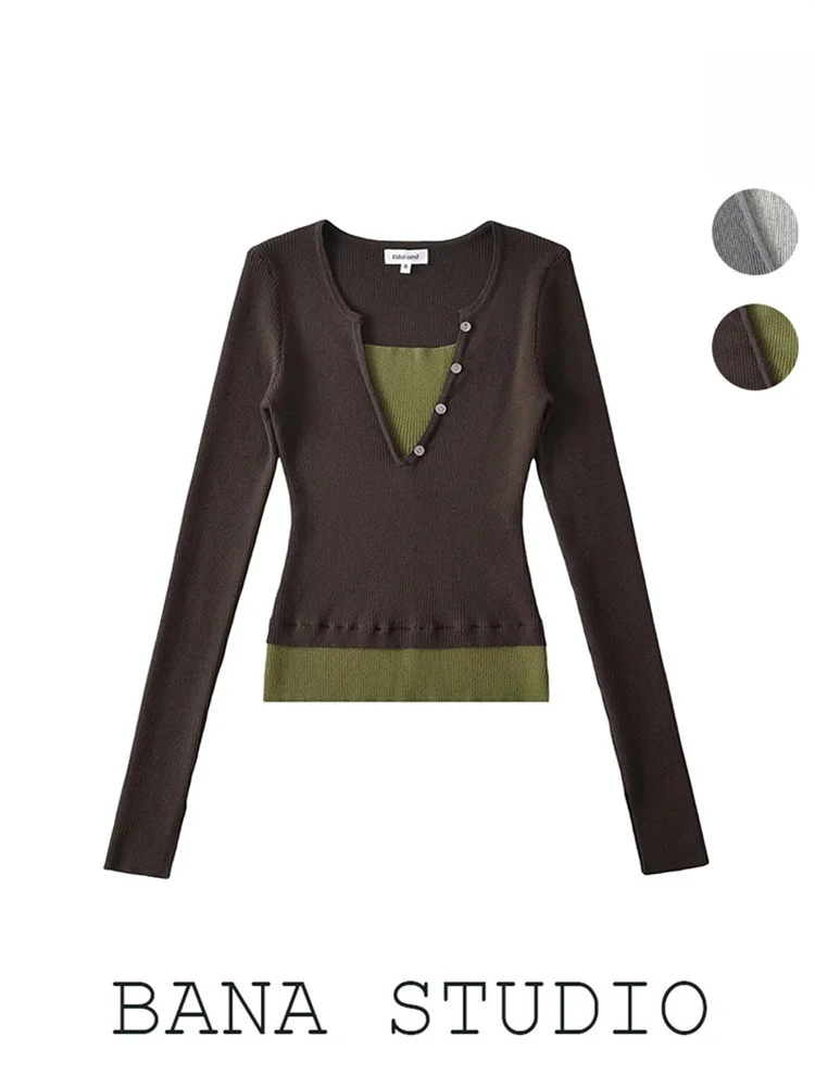 

Облегающий трикотаж V-Ne, женский повседневный трикотаж с подкладкой, внутренняя одежда, длина, длинный свеч BANA, цветной дизайн, весенняя мода