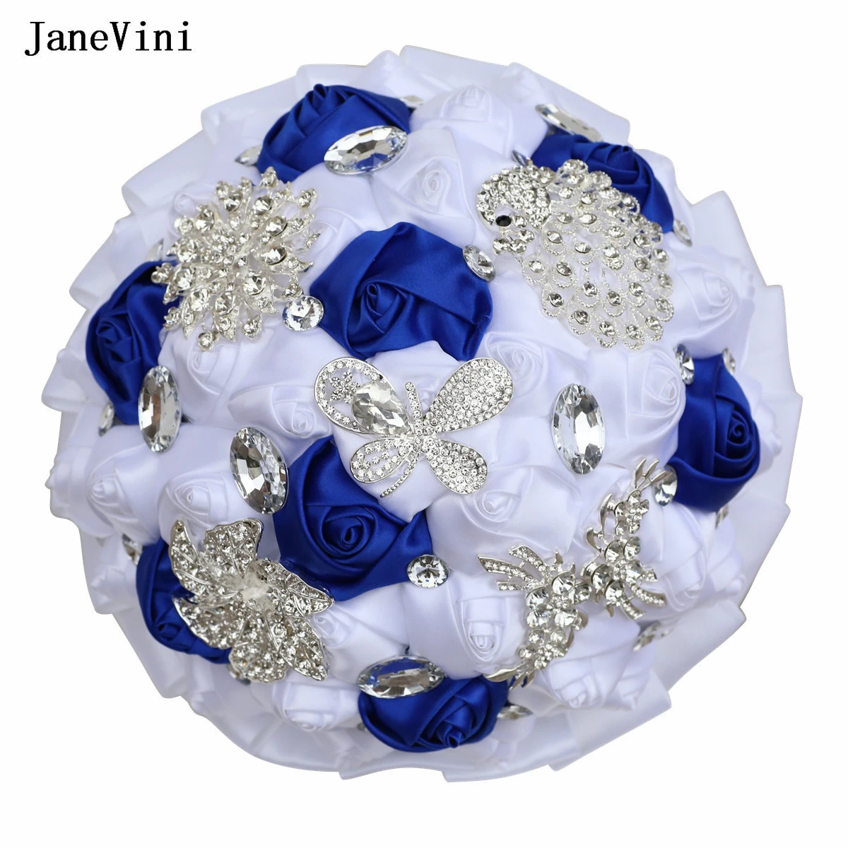 JaneVini Luxury Silver Jewelry Brooch Bridal Bouquets Dark Green Wedding Flowers Artificial Satin Roses Bridesmaid Bride Bouquet