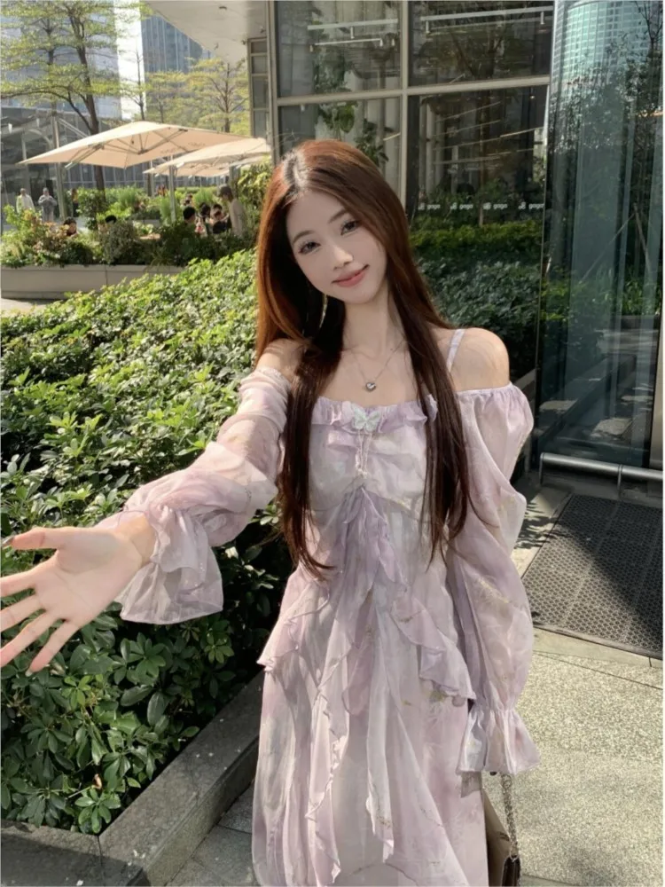 A large-sized purple long-sleeved spaghetti-strap dress with curvaceous ruffled style