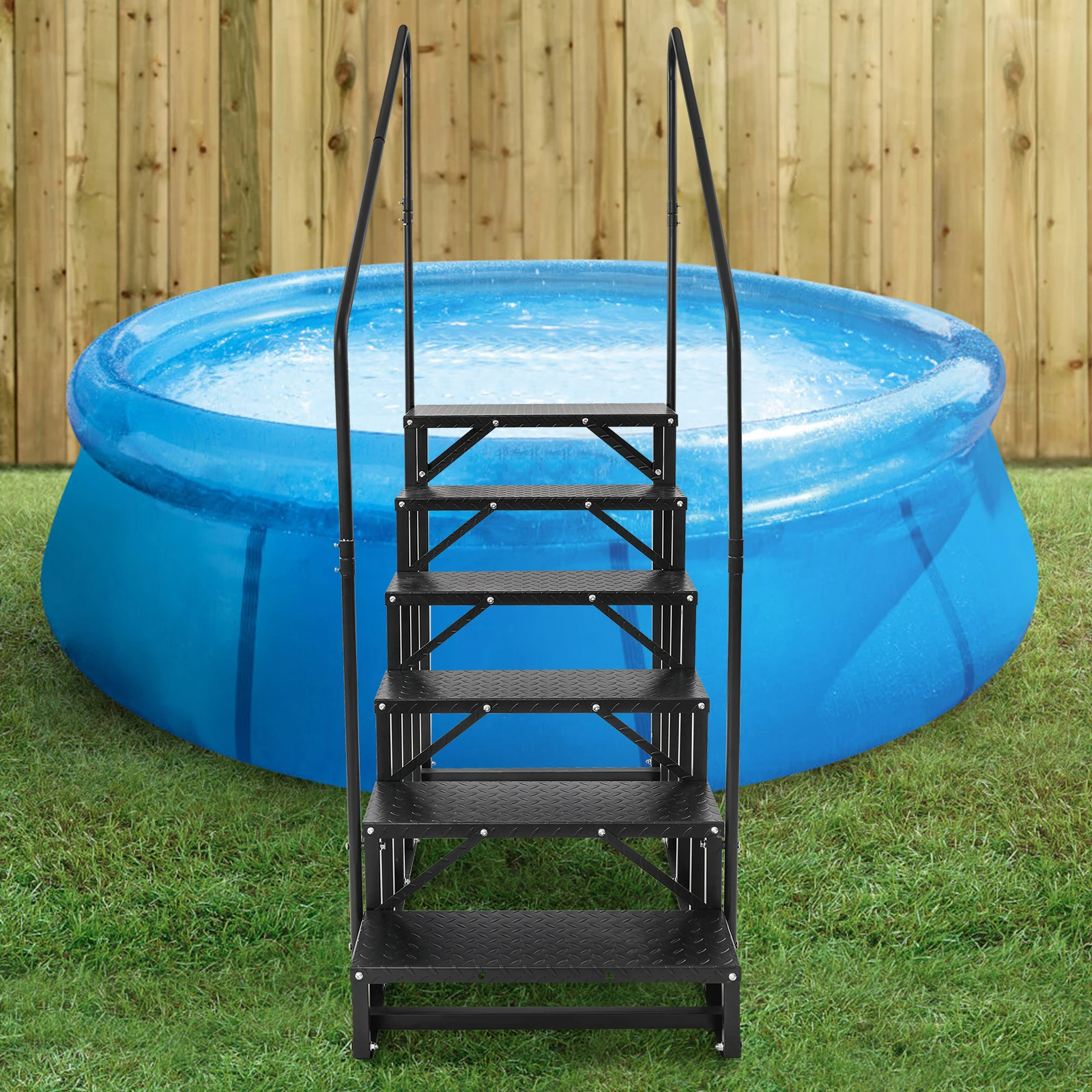 Free Standing RV Steps with Handrail, 6 Steps RV Stair, for Outdoor RV, Camper Vans, Pool Ladder Black