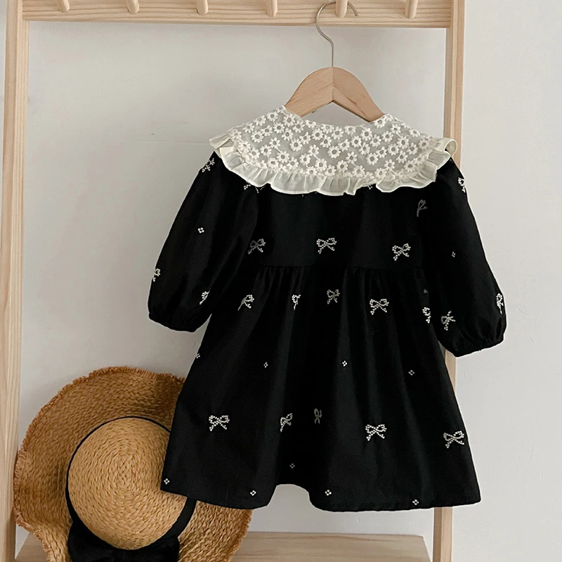 2024 New Spring Baby Girl Party Dress Long Sleeved Cotton Embroidery Splicing 0-6Yrs Kids Princess Dresses Sister Clothing