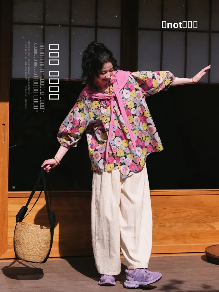 

Летняя женская футболка из чистого хлопка с цветочным принтом, свободного кроя, дышащая, комфортная, с защитой от старения, модная