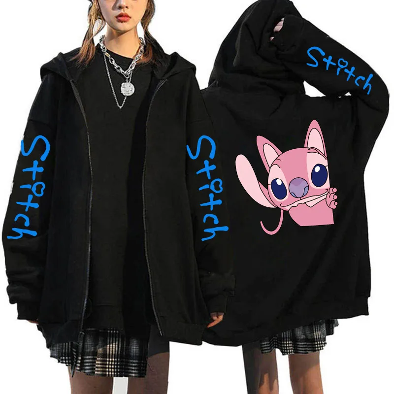 Oversized Sweater Women\'s Clothing Free Shipping Disney Lilo & Stitch Pattern Zip-Up Hoodies Autumn Winter Long Sleeve Warm Coat