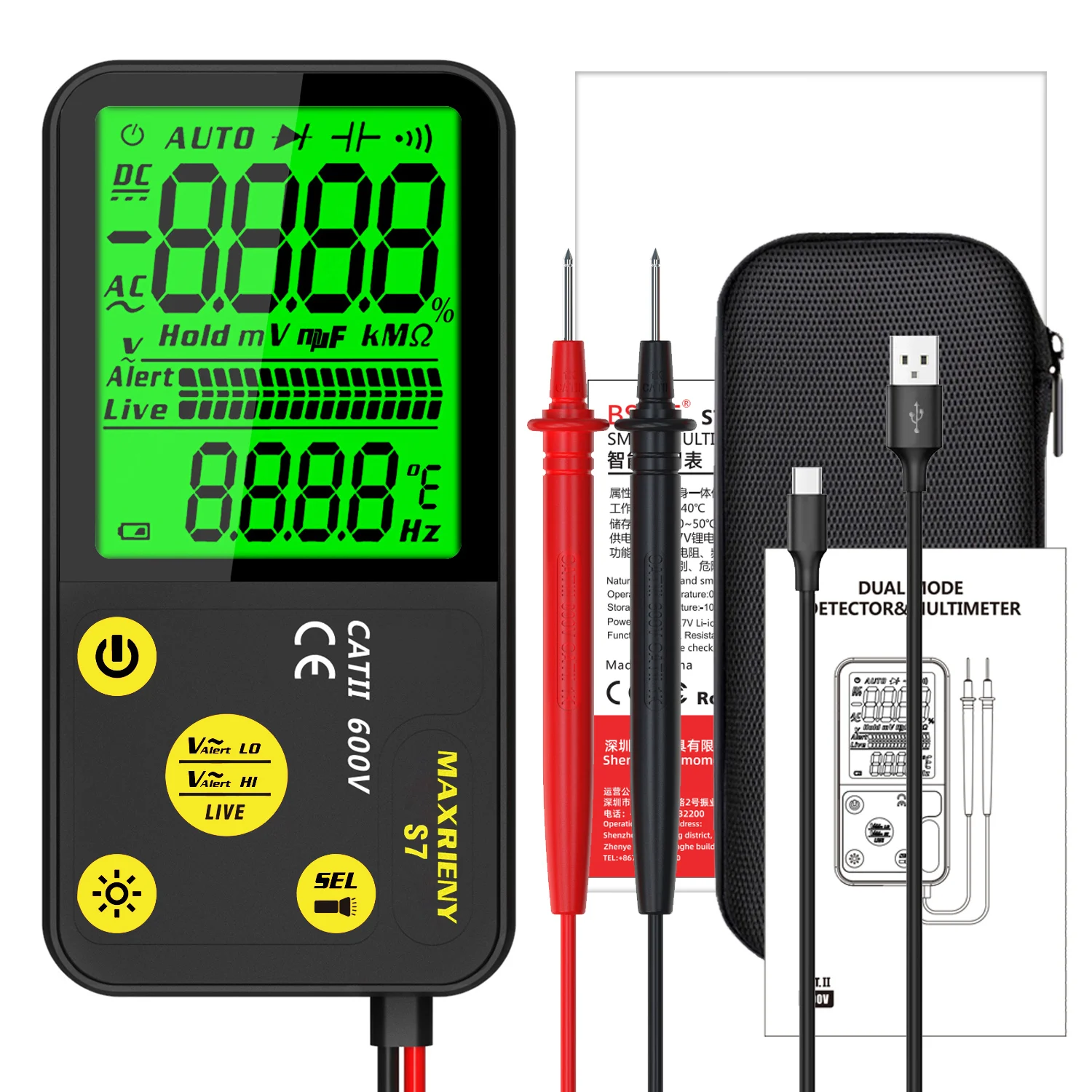 NOWY przenośny multimetr cyfrowy MAXRIENY S7 Wyświetlacz LCD Woltomierz DC AC NCV Ohm Tester ciągłości na żywo Hz Bateria litowa USB