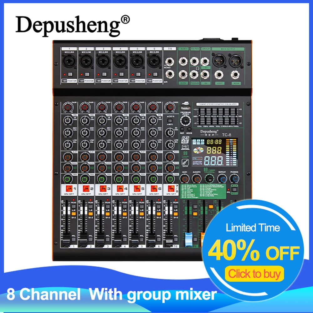 Depusheng TC8 Professional Audio Mixer 99 DSP 8 Channel Dual Group DJ Console Mixing 48V Phantom Power USB for Stage Bar Record