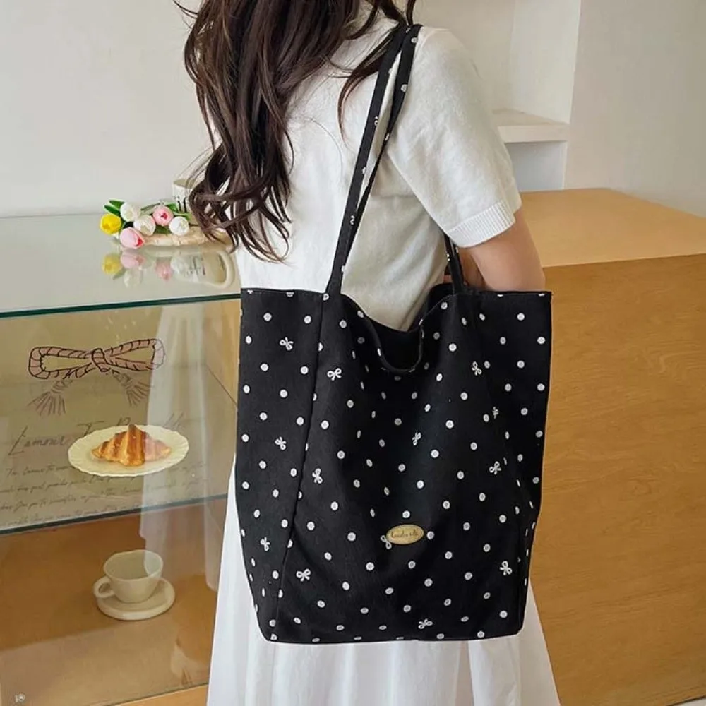 Lightweight Polka Dot Tote Foldable Soft Fabric Canvas Shoulder Bag Pastel Colors Minimalist Design Double-sided Cloth Handbag