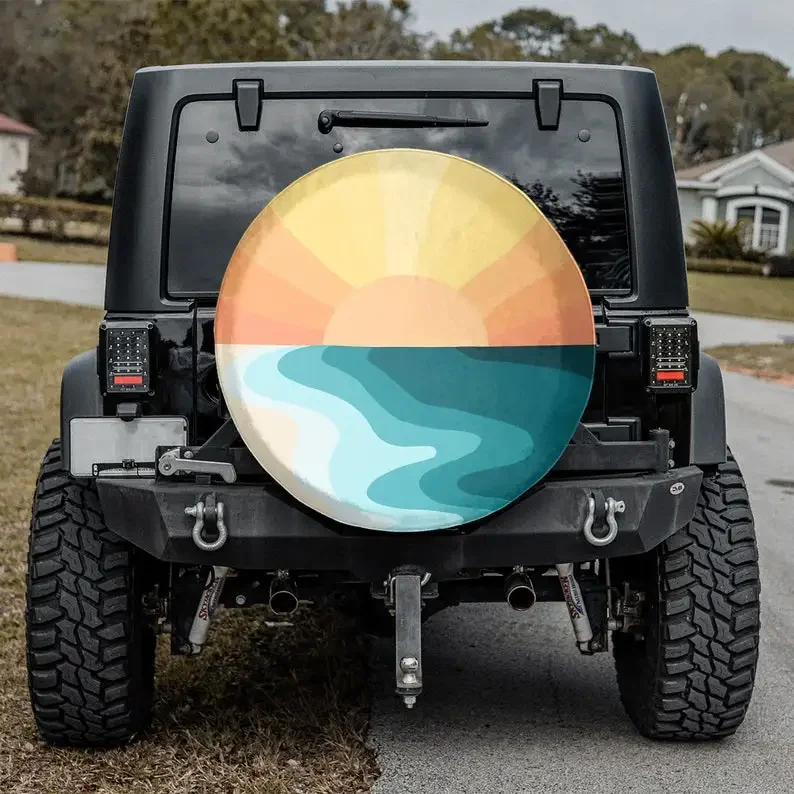 RV Spare Tire Covers, Beach Sunset Spare Tire Cover, Retro Mountain Sunset Spare Tire Cover For Any Vehicle,