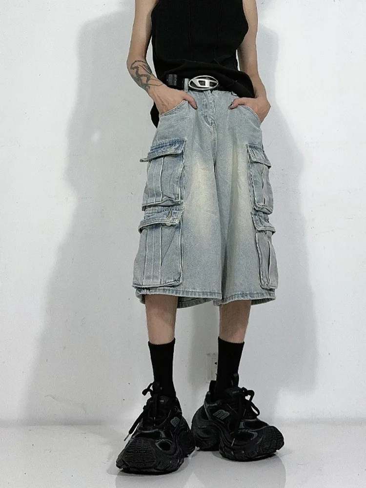 

Retro American Heavy Duty Washed Multi Pocket Workwear Seven-Foot Jeans Men Summer Trend Light Blue Shorts Casual Loose Strai...