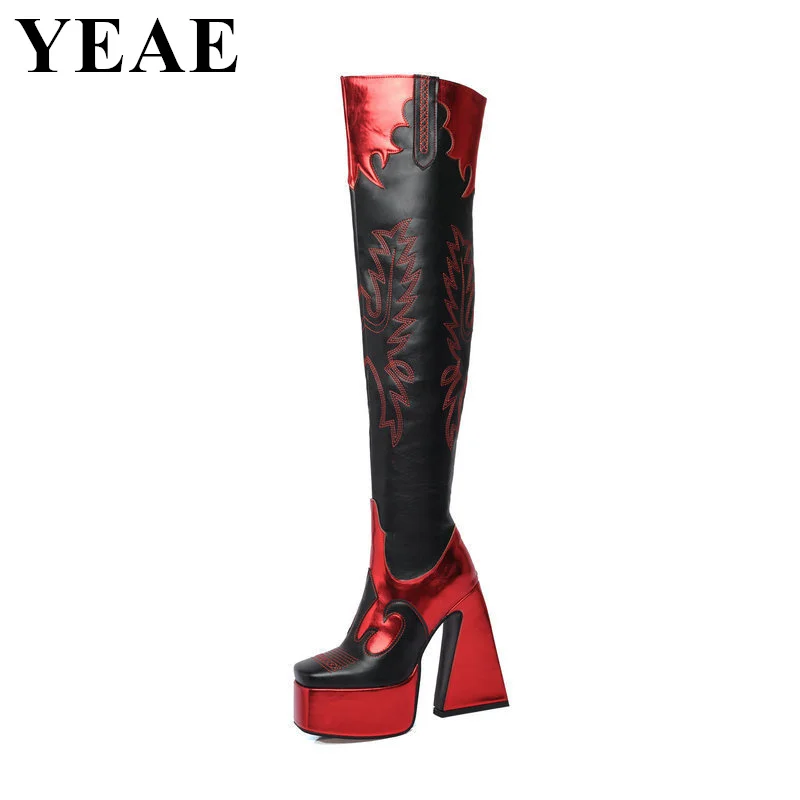 

2024 New Western Cowboy Boots Women Fashion Embroider Thick Heel Over The Knee Boots Platform Square Toe Thigh High Boots Women