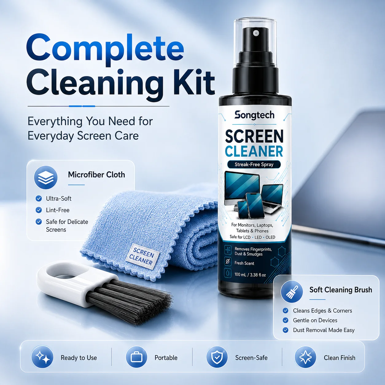 Microfiber Screen Cleaner Spray Fresh Scent Streak-Free Electronics Cleaner Kit for Laptop Phone TV Monitor Tablet Camera Lens