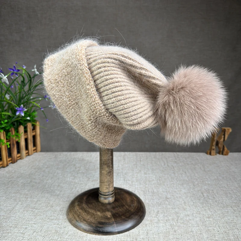 2024 Korean version fox fur ball knitted hat versatile ear protection thickened Angora rabbit fur wool hat fashionable