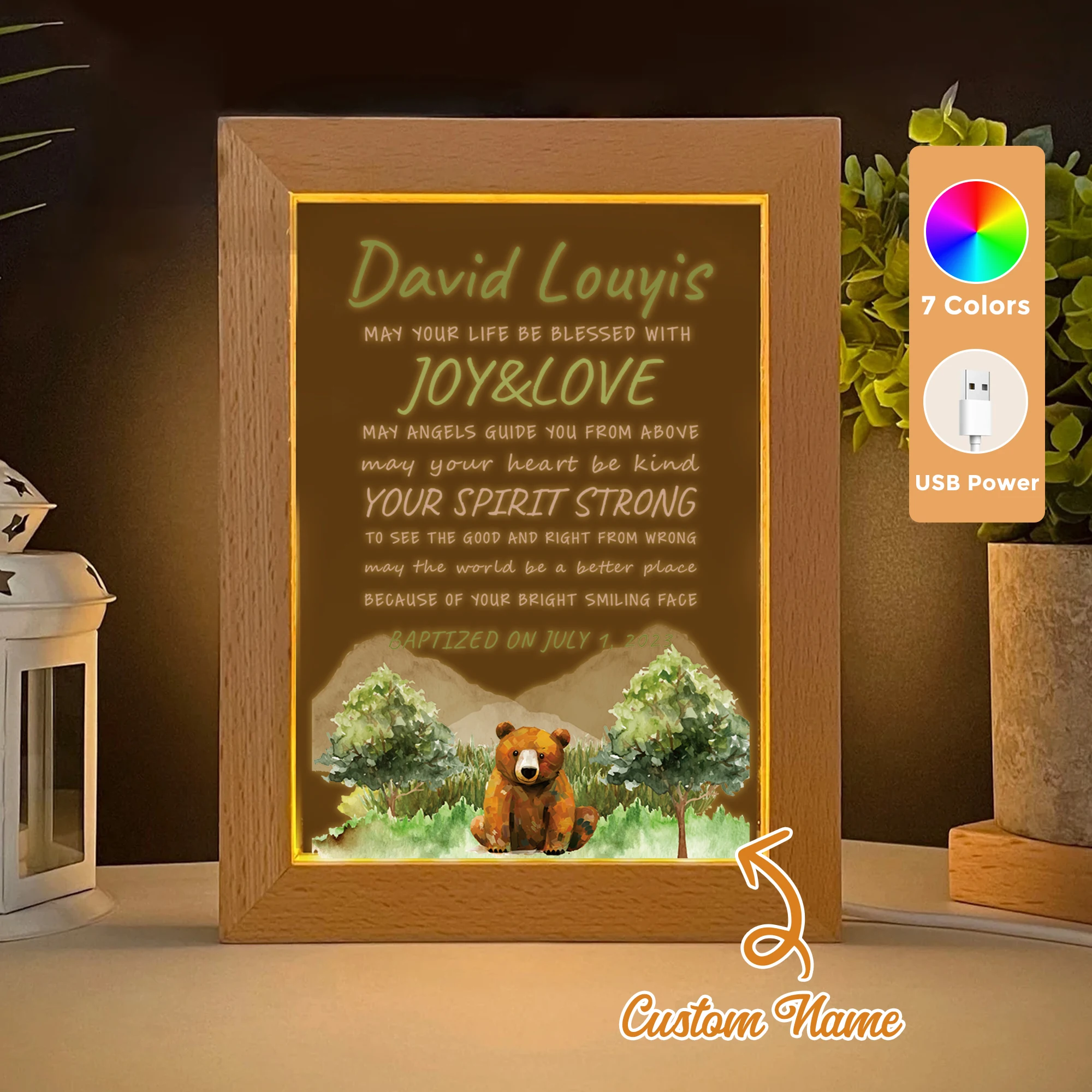 

2D Flat Custom Name Believers Christianity LED Acrylic Night Light Wood Photo Frame 21x17cm Family Bedroom Gifts Home Decor