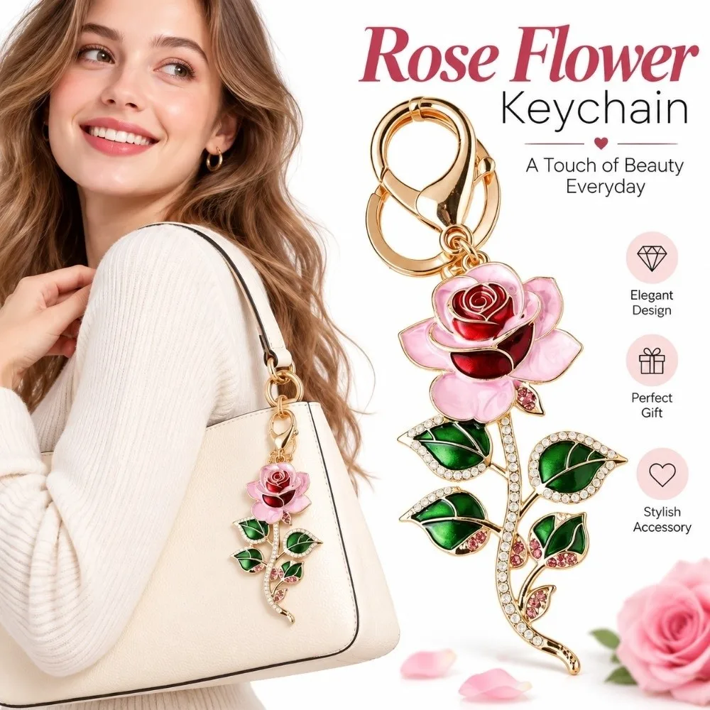 Rose Flower Keychain Rhinestone Lobster Clasp Crystal Keyring Hanging DIY Jewelry Rose Flower Pendant Handbag Decor Accessories