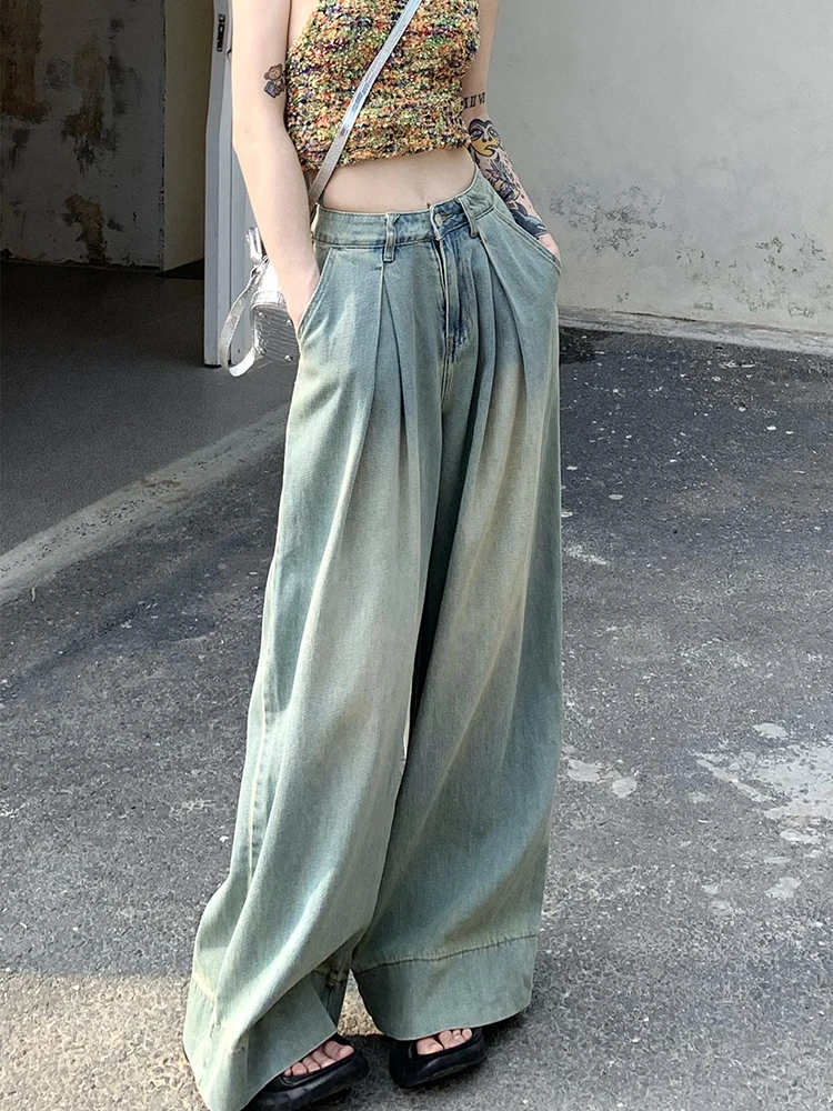 High Street Girl Toweling Oversized Jeans High Waist Loose Casual Vintage Denim Pants Streetwear Fashion Pocket Trousers Female