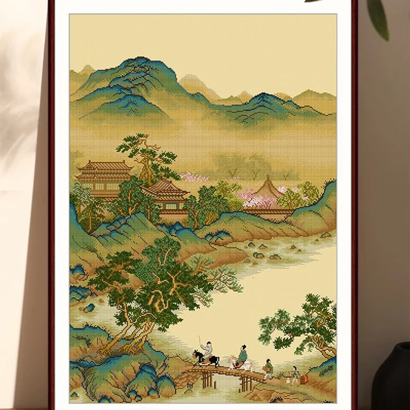 

Chinese Style Cross Stitch Kit, Classical Pavilion, Landscape Decor, Painting for Office, DIY Unfinished Embroidery Tool Set