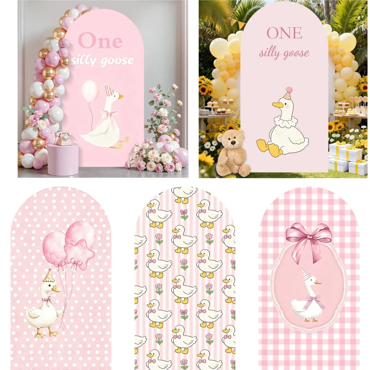 One Silly Goose Arch Cover Pink Balloons Bow Baby Shower Girls Newborn 1st Birthday Party Elastic Covers for Decorative Arches