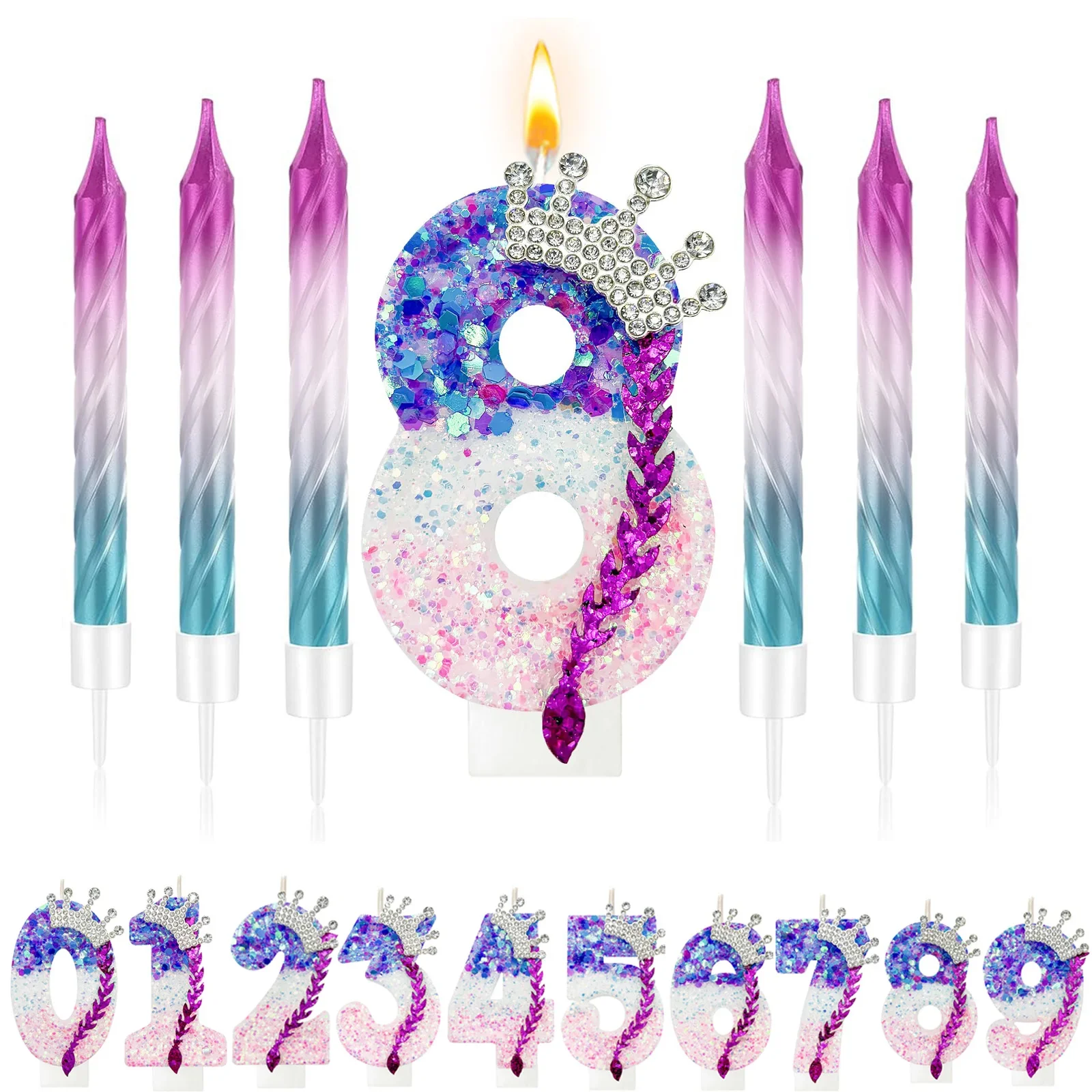 Number 0-9 Birthday Candle Pink Purple Gradient Sparkly Cake Topper – Trendy Idol Style Birthday Decorations for Party Cake