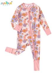 Bamboo fiber baby romper with thin and breathable fabric, flower and little rabbit prints, reversible foot covers and zipper