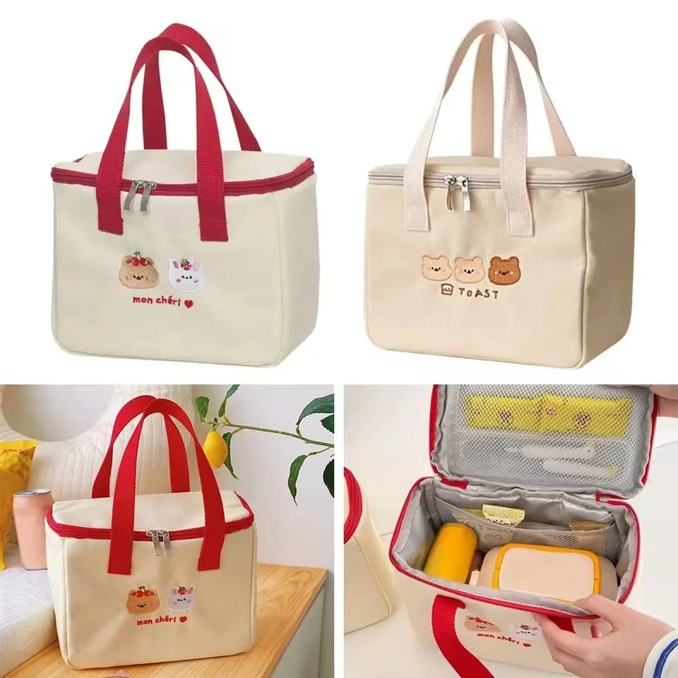 Cute Lunch Bag Large Capacity Canvas Anti-cooling Handbag Aluminum Foil Insulated Food Box Office Worker Portable Bento Bag