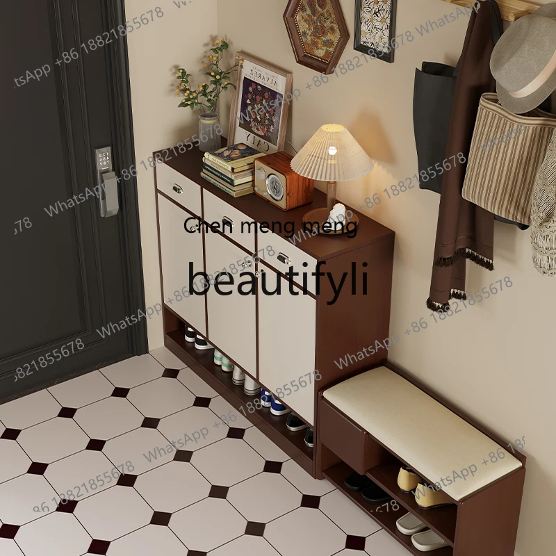 Armário de sapatos medieval, armário de armazenamento multicamadas de grande capacidade na porta do armário de varanda de madeira maciça de armazenamento doméstico