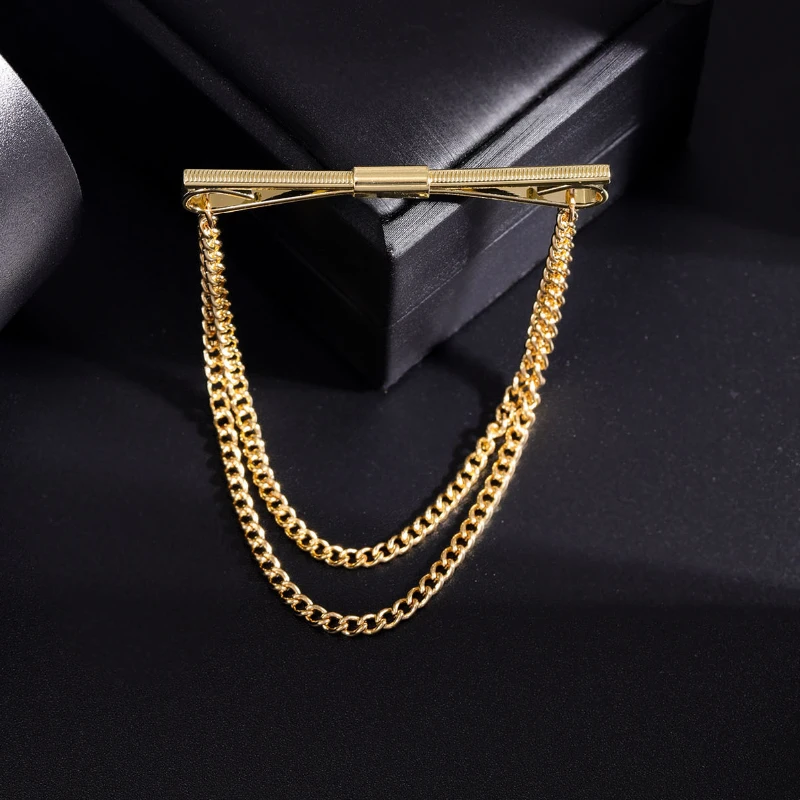 Gold and Silver Color Brooch Pin with Tassel Chain for Shirt Collars description 3