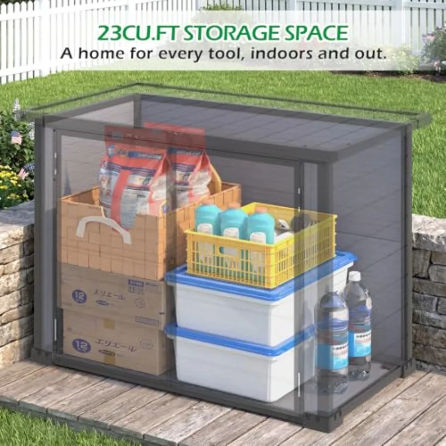 Resin Outdoor Storage Cabinet, 23 Cu.Ft Horizontal Box with Base: weather-resistant, gray, lockable lid and ventilation
