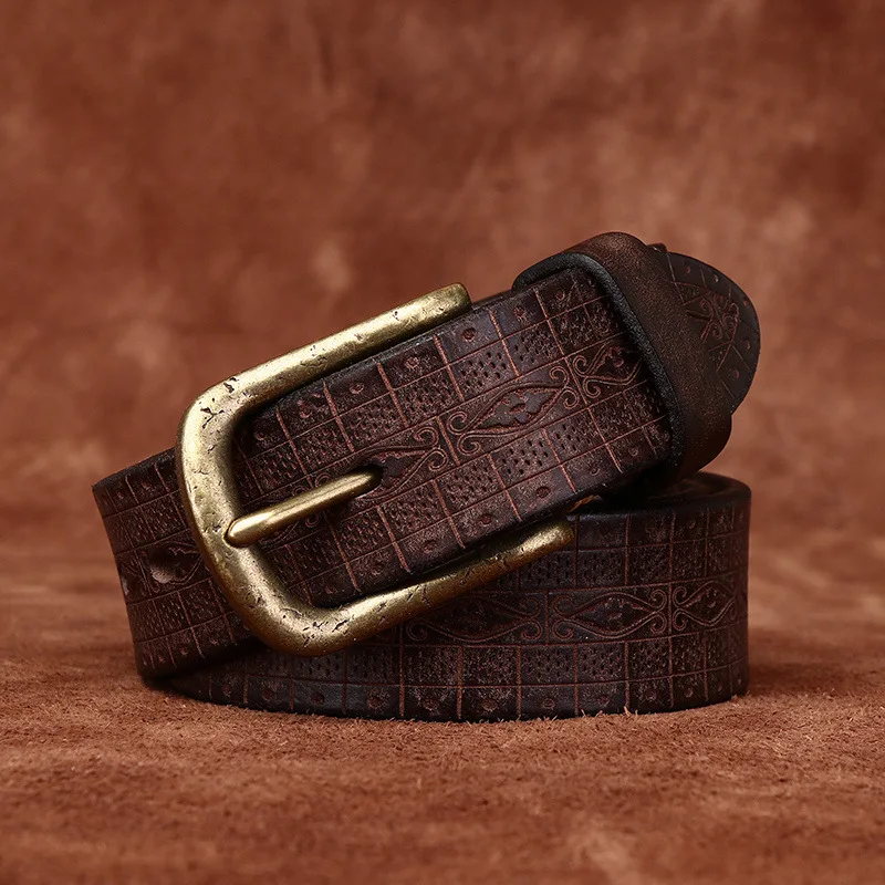 

Top layer cowhide retro bronze buckle belt men's thickened personalized belt genuine leather embossed casual pants belt