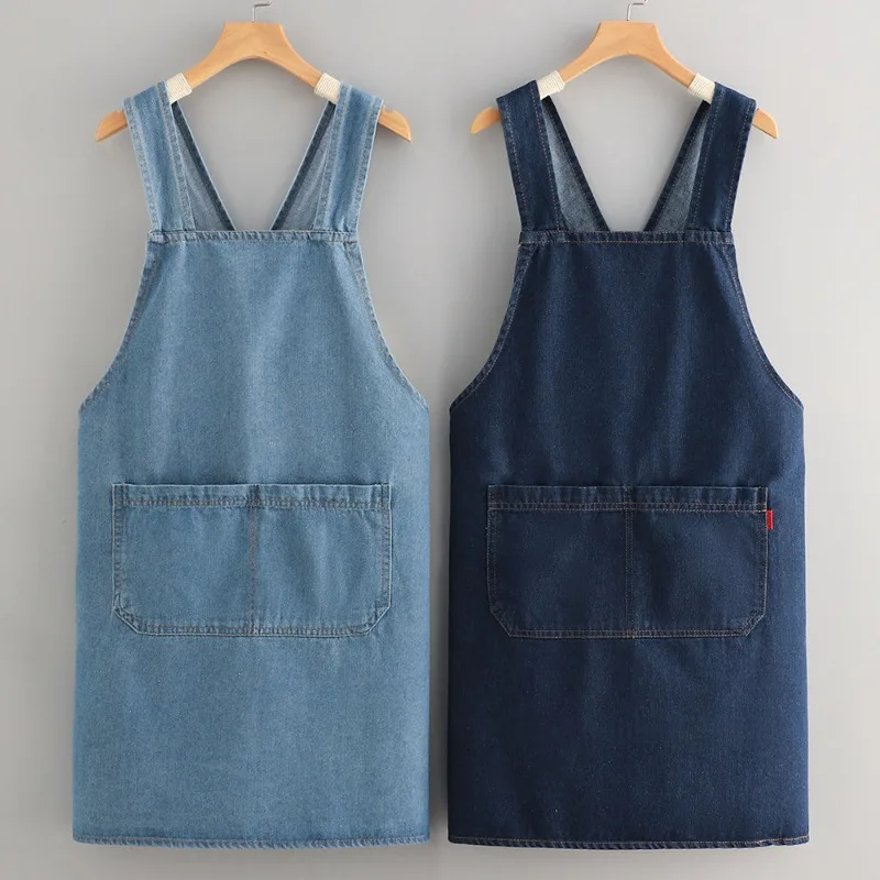 Retro Denim Apron V-shaped Cross Strap Front Pocket Work Overalls Restaurant Floral Baker Oil-proof Apron