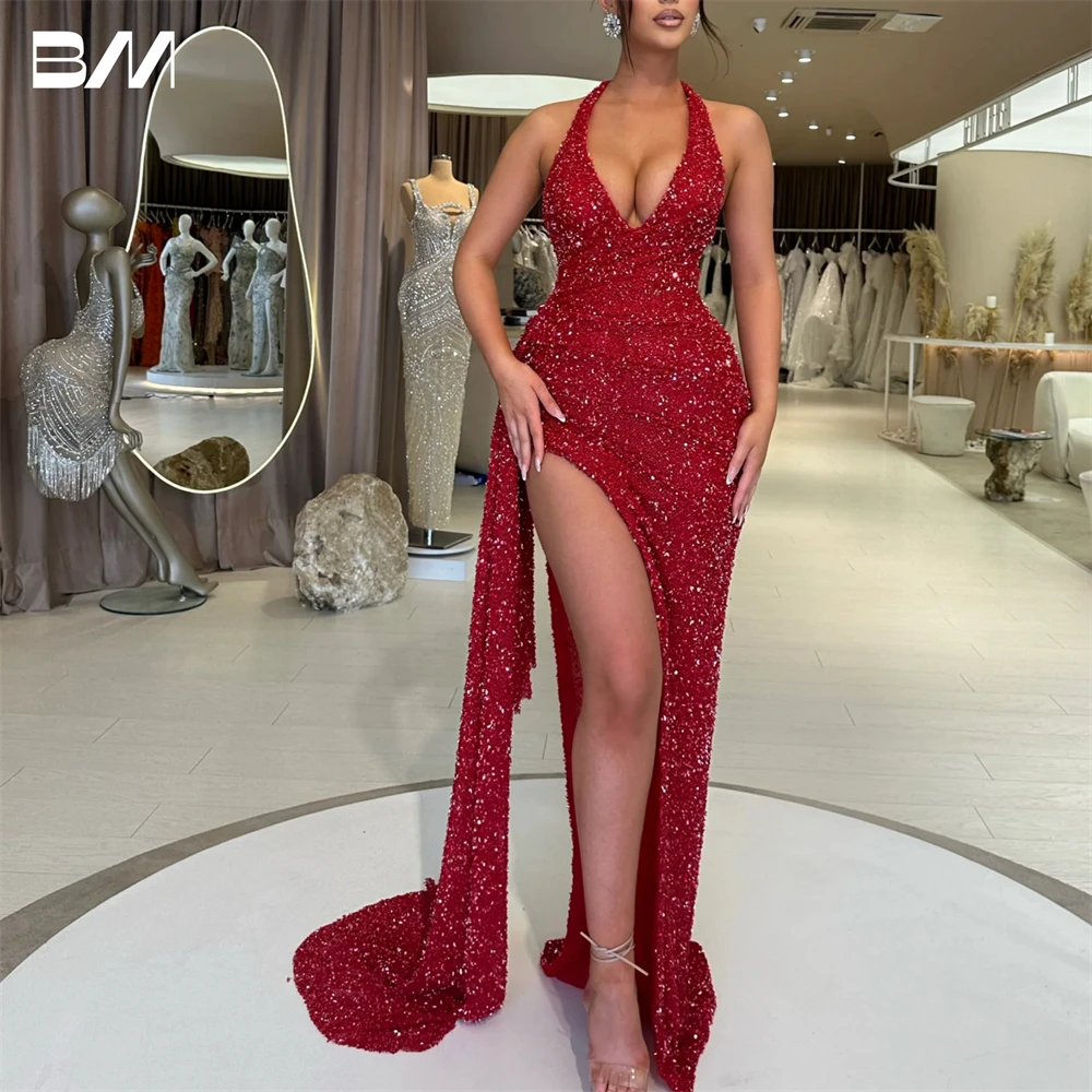 Vestidos formales sexis de lentejuelas con cuello Halter para mujer, vestido de noche de tubo personalizado con hendidura, vestido de fiesta de lujo con cuello en V para mujer